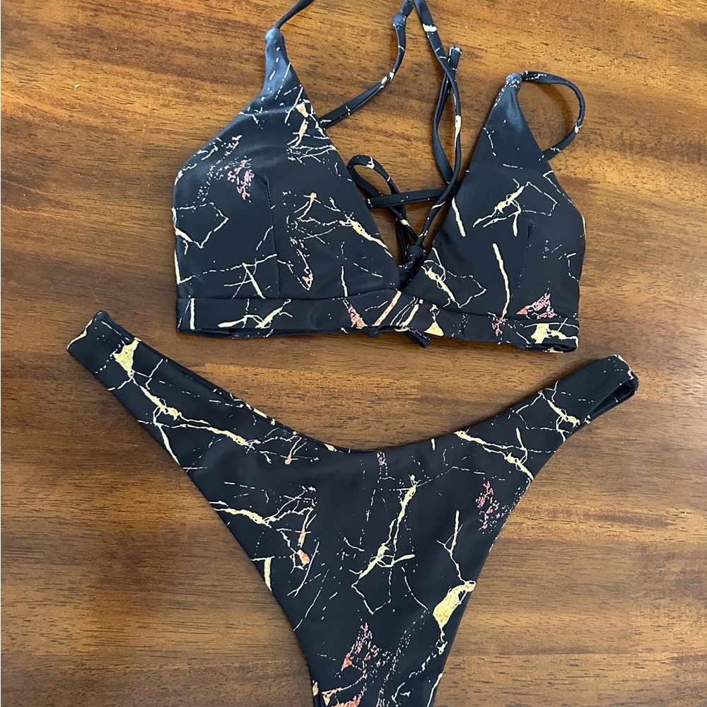 SHEIN Black and Gold Marble Bikini Set